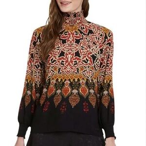 Desigual Cam Dara Blouse Smocked Mock Neck Red Black and Gold Print Size Small